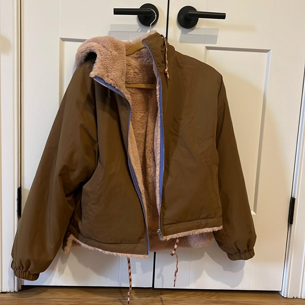 Bellerose Loud reversible faux fur jacket British khaki and pale pink, Size 2
